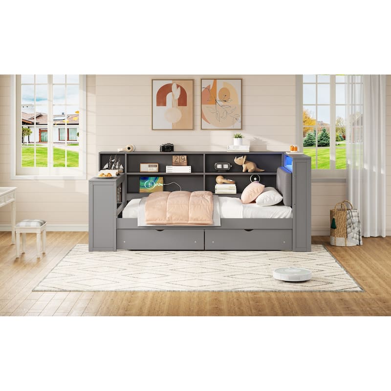 Wood Twin Size Platform Bed With Storage Shelves,Drawers,Charging Station,Led,Desk And Upholstered Headboard
