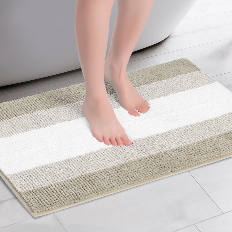 Bathroom Rug, Extra Soft and Absorbent Chenille Bath Rug Fluffy Striped Bath Mat with Non Sllip Backing Floor Mat - Khaki