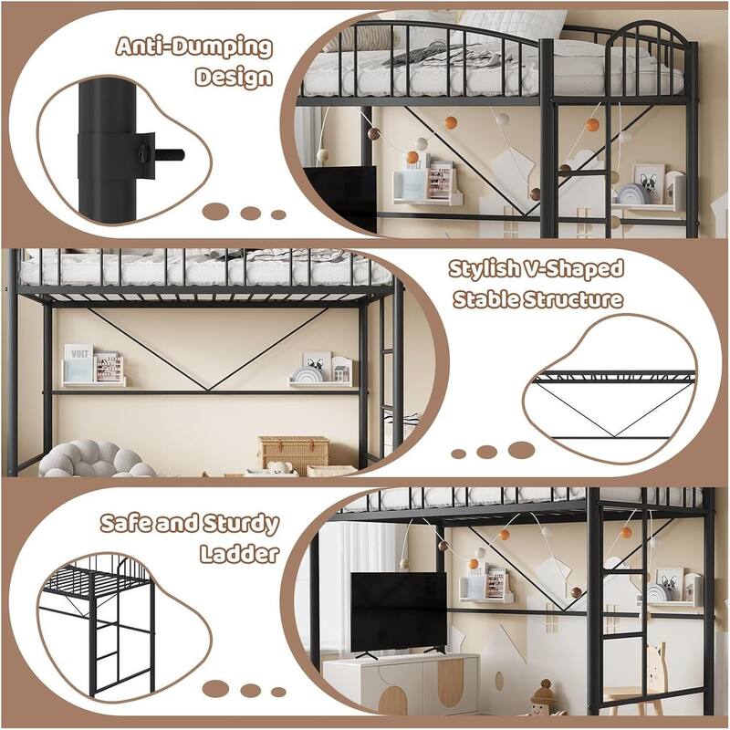 Space-Saving Twin Metal Loft Bed Frame, Safety Ladder, No Box Spring Needed