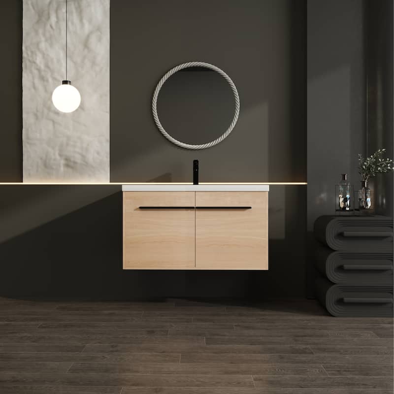 GDFStudio - Levistar Modern Wall-Mounted Bathroom Vanity Set with Scratch-Resistant Resin Sink & Soft Close Doors - 36" - Oak