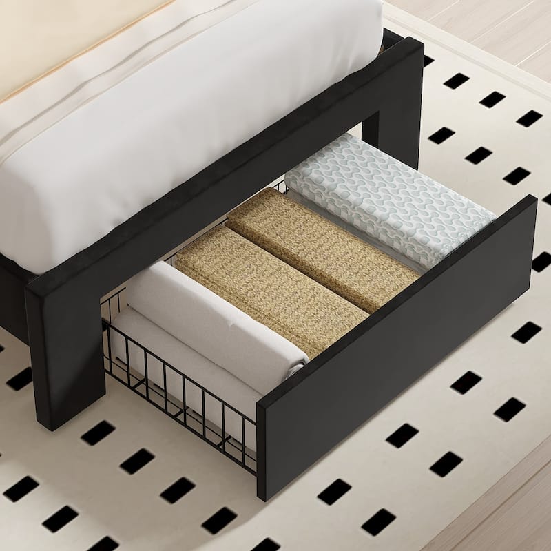 VECELO Set of 2 Twin Beds with Rolling Underbed Drawer Height Adjustable Headboard Rivet-Trimmed Headboard Twin Beds
