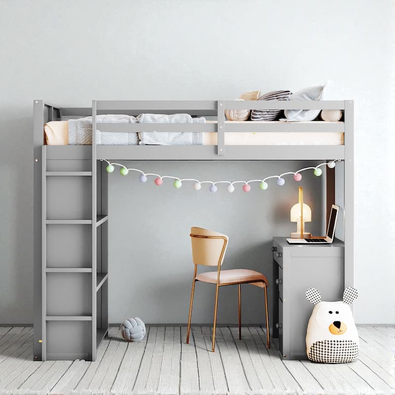 Full/Twin Size Loft Bed with Ladder, Desk, Shelves, and Drawers, Solid Wood Frame for Kids or Teens - Grey - Twin