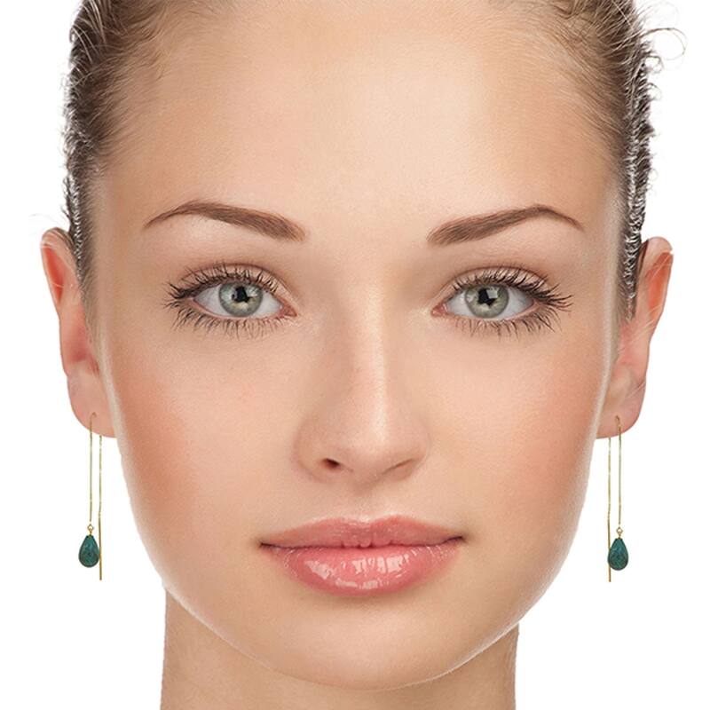 14K Solid Gold Threaded Dangles Gemstone Earrings with Emeralds