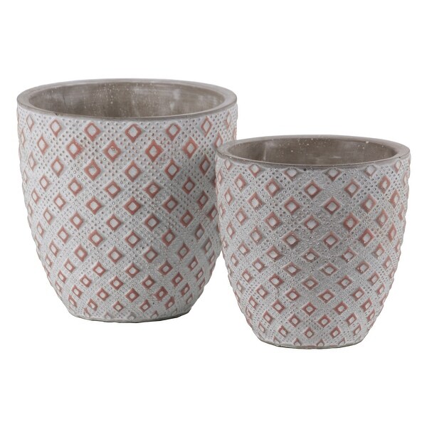 Cement Round Embossed Diamond Design Pot, Set of 2, Vermillion