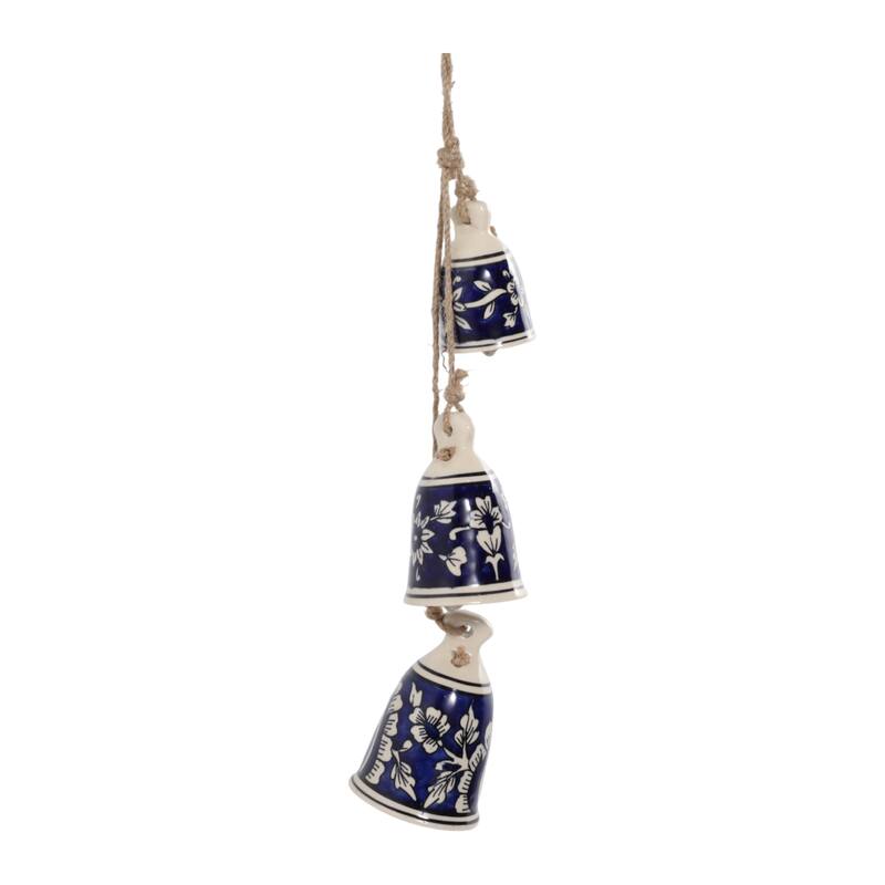 Ceramic Bells and Windchimes Handcrafted Hanging - 26" Ivory/Blue - 3" x 3" x 26"
