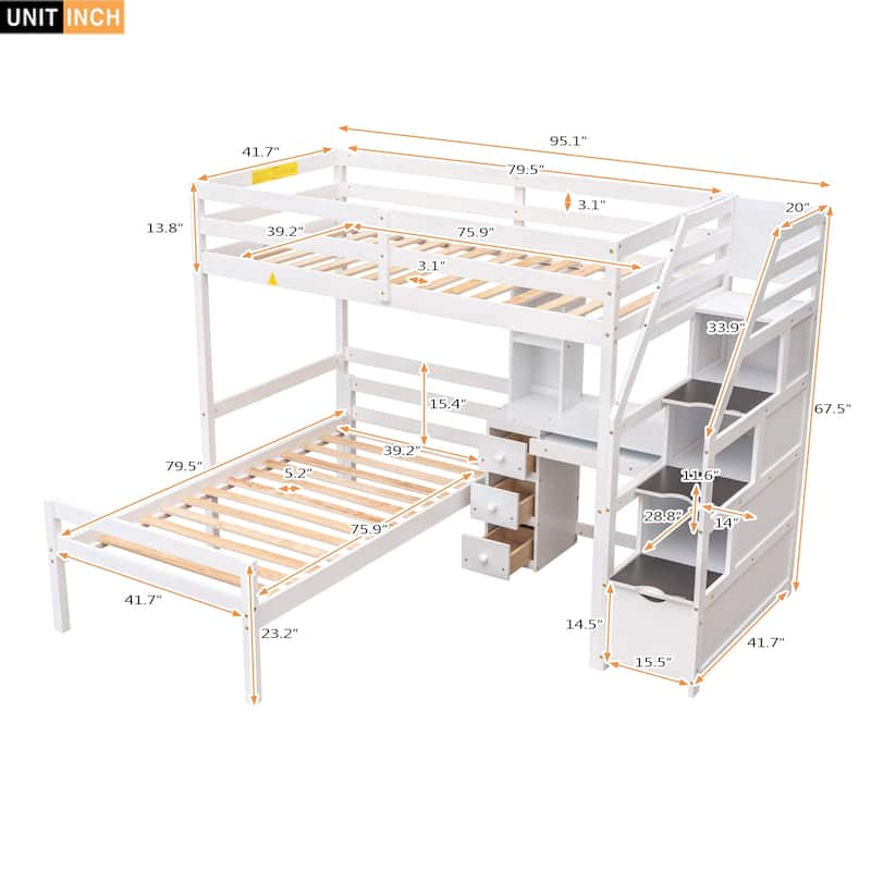 Twin Size Loft Bed with a Stand-alone Bed, Storage Staircase, Desk, Shelves and Drawers, Gray