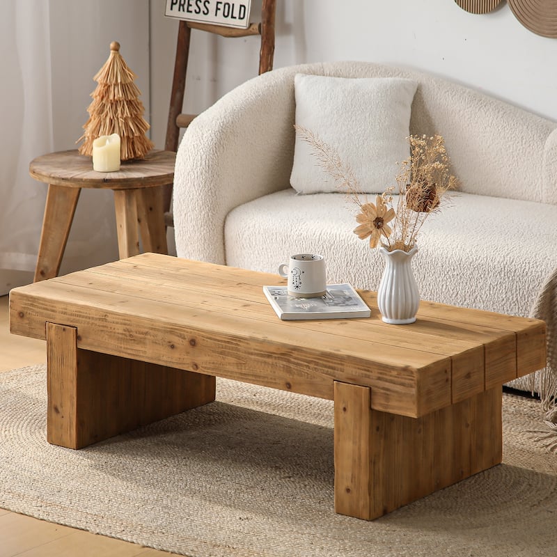 47.6" Farmhouse Solid Wood Coffee Table - Rectangular Rustic Accent Table for Living Room or Home Office - Natural Wood