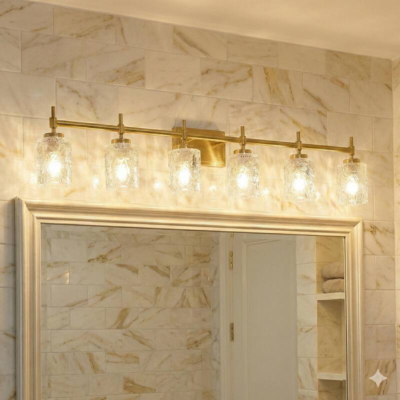 Acroma Dimmable Bathroom Vanity Light with Water Ripple Clear Shade - 6-light - Satin Brass