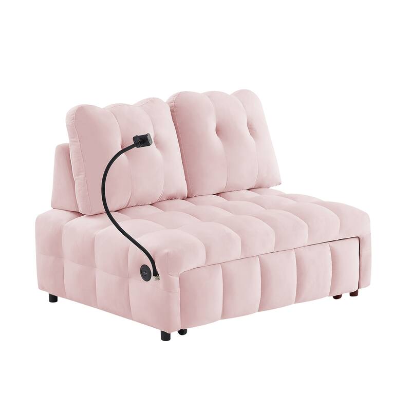 Modern pull-out velvet sofa bed with USB port and rotating phone holder