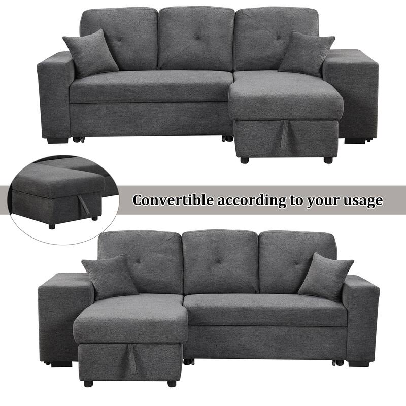 95" Pull-Out Sleeper Sofa w/ Side Shelf & 2 Stools, Storage Chaise