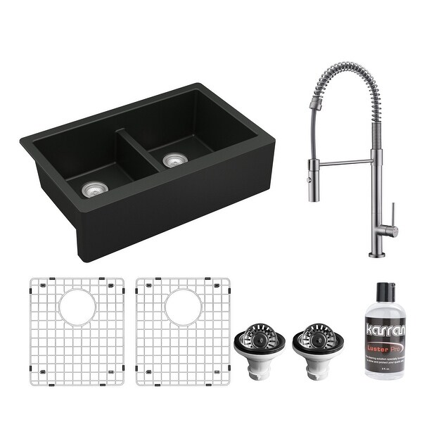 Karran All in One Apron Front/Farmhouse Quartz 34-in Double Bowl 50/50 Sink in Black with Faucet KKF220 in Stainless Steel. Opens flyout.