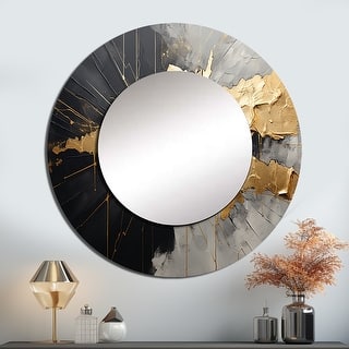 Designart "Black And Gold Abstract Meditation I" Abstract Painting Round Bathroom Mirror - Beige Modern Round Wall Décor