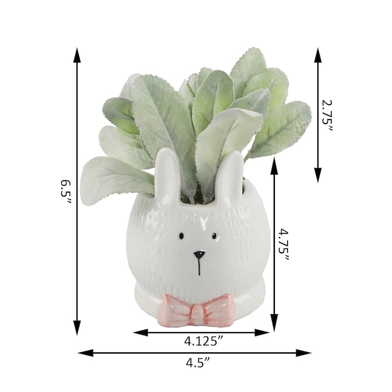 4" Lamb'S Ear Ceramic Bunny With Pink Bow