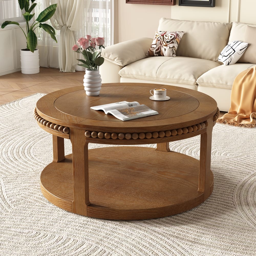 GDF Studio - Hensley 31.5" Wood Round Coffee Table with 2-Tier Storage Shelf