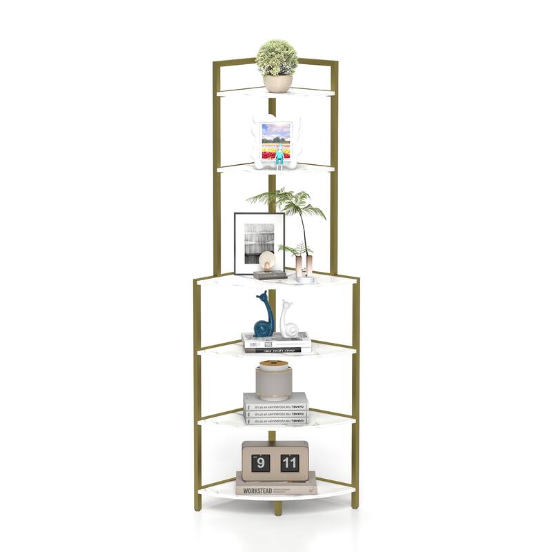 6-Tier Corner Open Shelf Bookcase Wood Rack Freestanding Shelving Unit,Plant Album Trinket Sturdy Stand Small Bookshelf