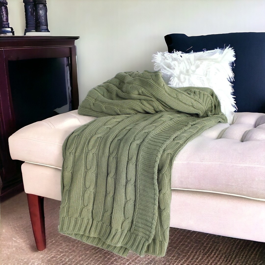 HomeRoots Olive Green Knitted 100% Cotton Throw Blanket