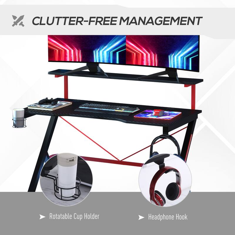 HOMCOM 47 Inch Gaming Desk Racing Computer Desk Home Office Workstation with Elevated Monitor Shelf Rotatable Cup Holder