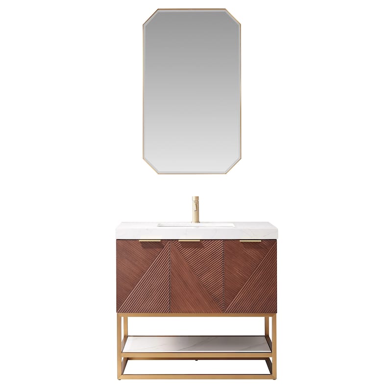 Mahon Single Bath Vanity with Composite Stone Top and Mirror - 36in. - Brushed Gold Base