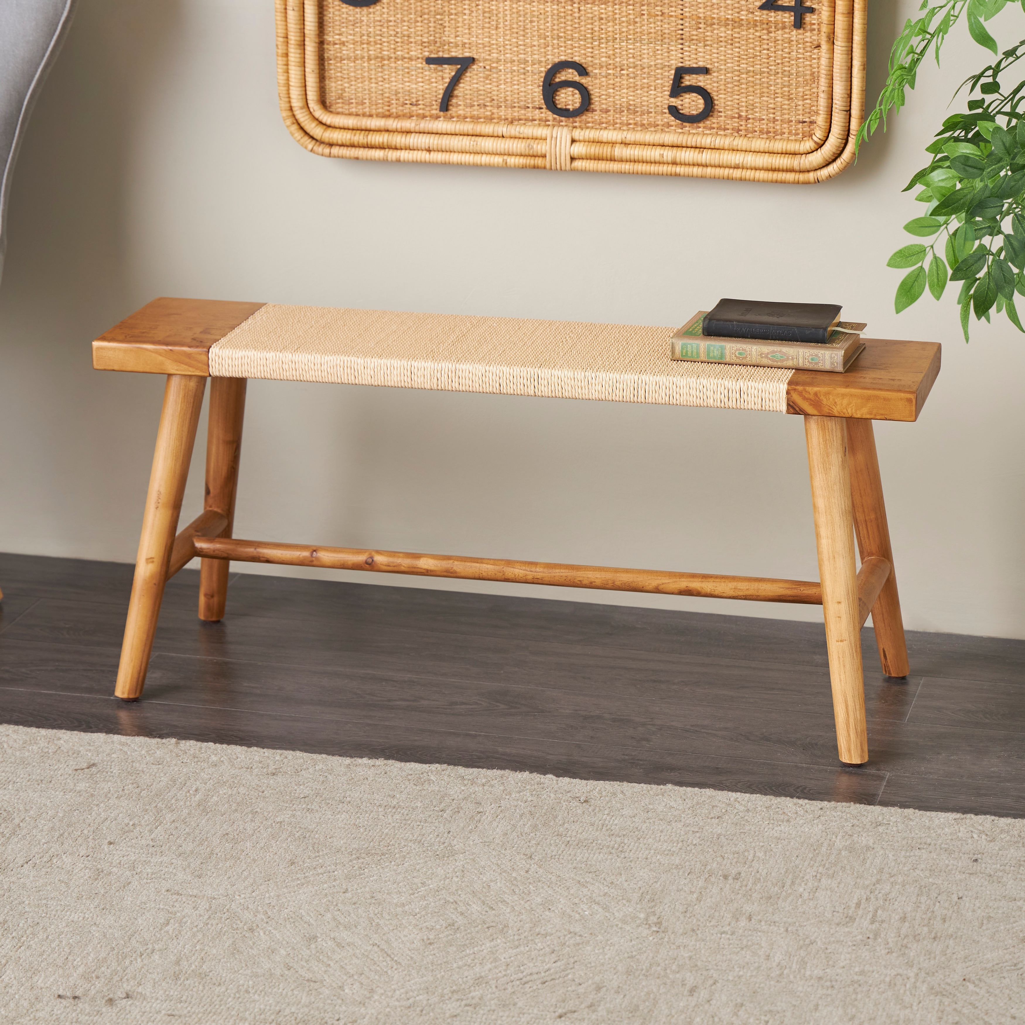 Brown Wood Handmade Traditional Bench with Rope Wrapped Seat