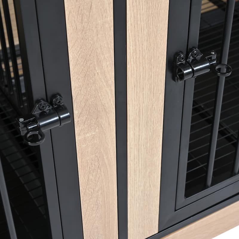 75'' Double Dog Crate Furniture, Extra Large Heavy Duty Dog Crates End Table, Wooden Dog Kennel with Removable Tray & Divider