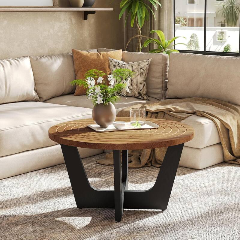 31.5" Round Solid Wood Coffee Table with Ring Groove, Living Room, Small Space, Brown & Black