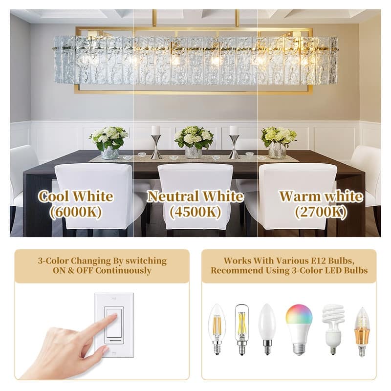 6 lights Rectangle Gold Crystal Chandeliers for Dining Room, 39" Large Linear Water Ripple Glass Island Light Fixture