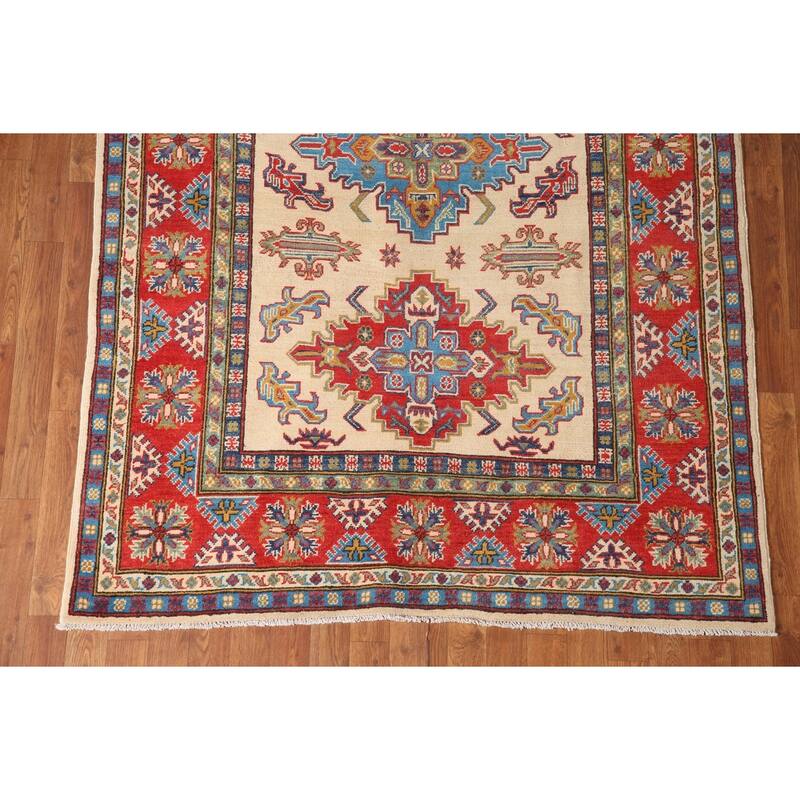 Beige Traditional Kazak Area Rug Hand-Knotted Wool Carpet - 4'10" x 7'3"