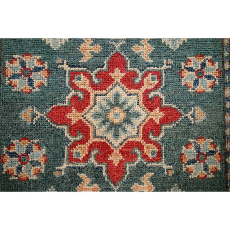 Geometric Green Kazak Oriental Runner Rug Hand-Knotted Wool Carpet - 2'3" x 5'11"