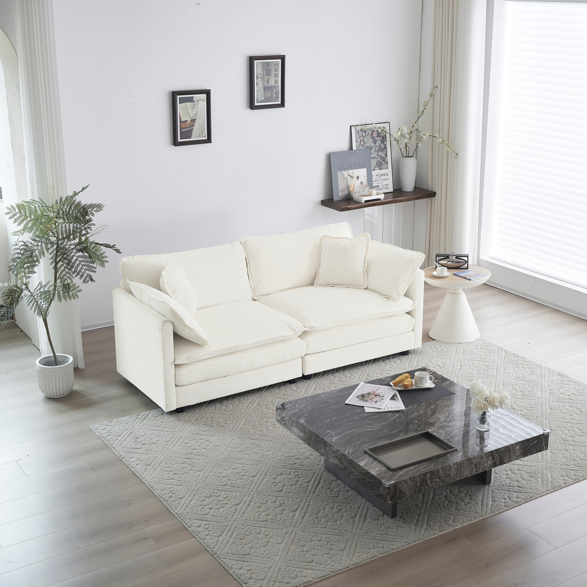 Chenille Fabric Loveseat Sofa, 2-Seat Couch with Deep Seat and Solid Wood Frame, Upholstered Couch Settee with Pillows