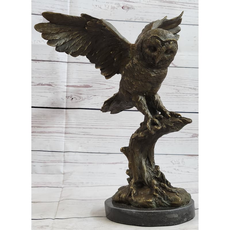 Bronze Marble Base Owl Bird Sculpture Statue Figure Art Decor Hot Cast Figurine