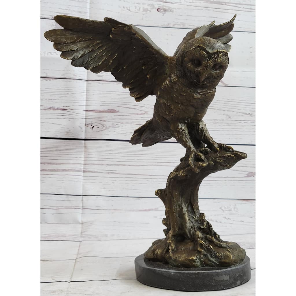 Bronze Marble Base Owl Bird Sculpture Statue Figure Art Decor Hot Cast Figurine
