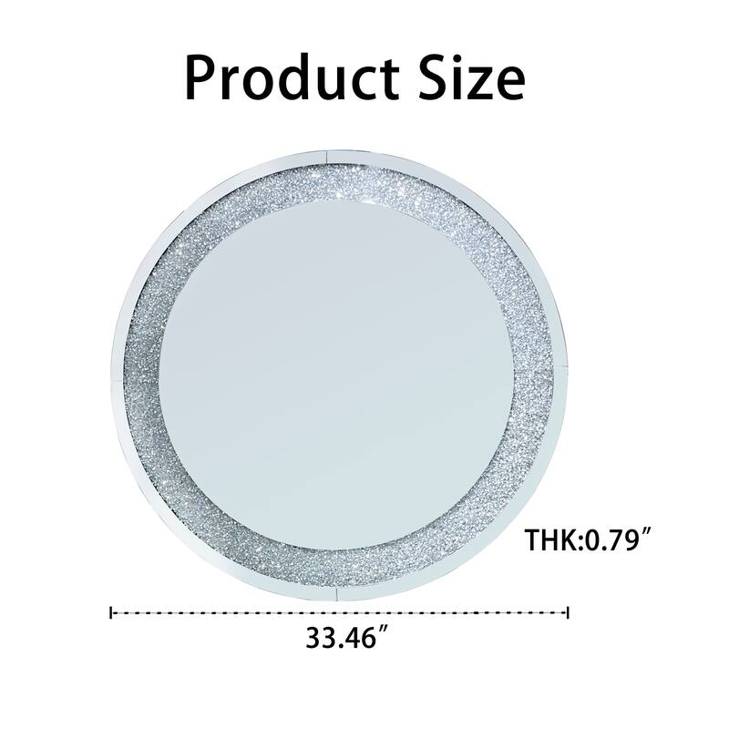 33.46"(85cm)Crystal Crush Diamond Sparkly round Silver Mirror for Wall Decoration