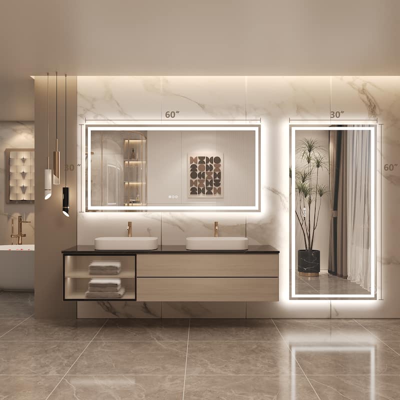 Frameless LED Front Light and Backlit 3 Colors Dimmable Anti-Fog Wall Bathroom Vanity Mirror