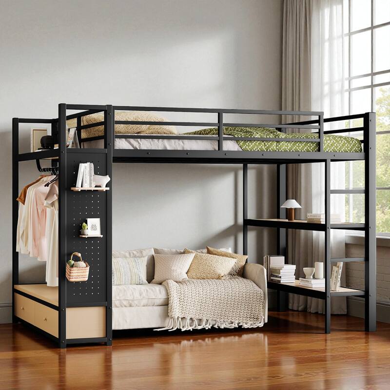 Full/Queen Size Metal Loft Bed with Wardrobe, Shelves & Pegboard, Space-Saving Bed Frame with Storage & Guardrails - Black - Queen