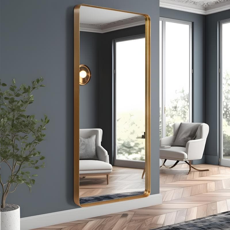 Full Length Mirror Aluminum Round Corner Rectangle Deep Frame Wall Decor Mirror Free Standing - 71"x31" - Gold