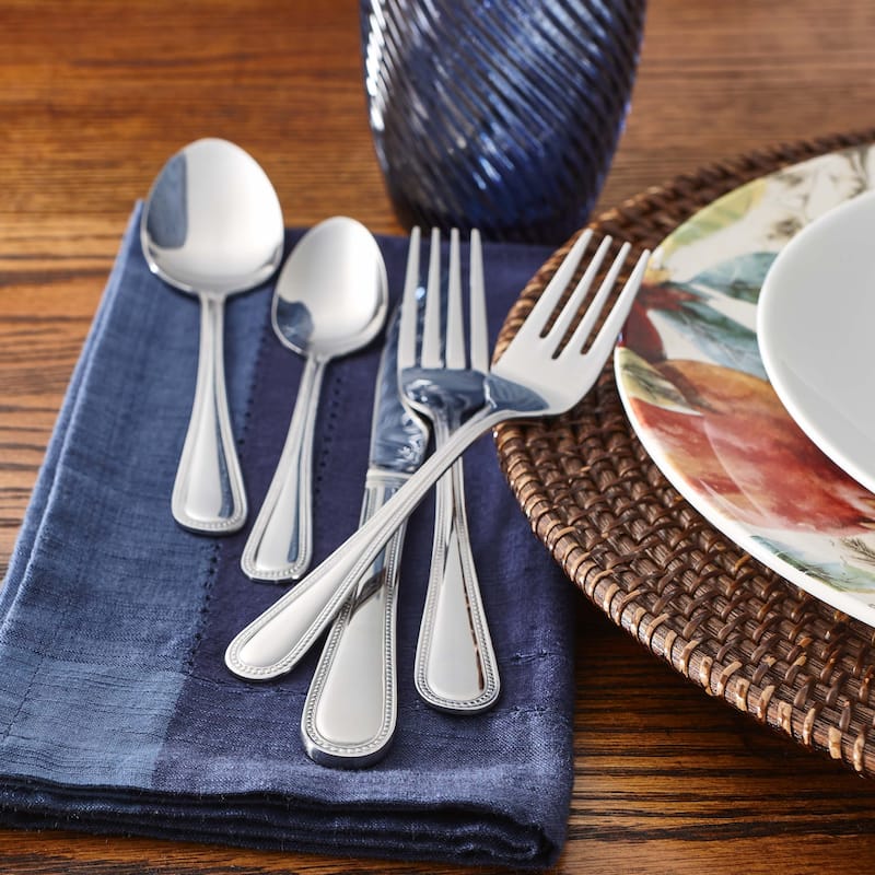 RiverRidge Beaded Flatware 46-Piece Monogrammed/Non-Monogrammed Stainless Steel Silverware Set for 8 - Silver