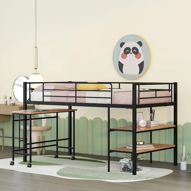 Twin Size Metal Loft Bed with Desk and Shelves in Black - Black