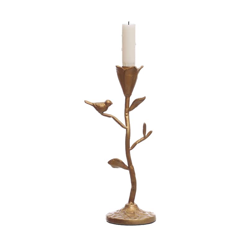 Hand-Forged Cast Iron Candelabra with Flowers and Bird - 4.5"L x 3.5"W x 10.6"H