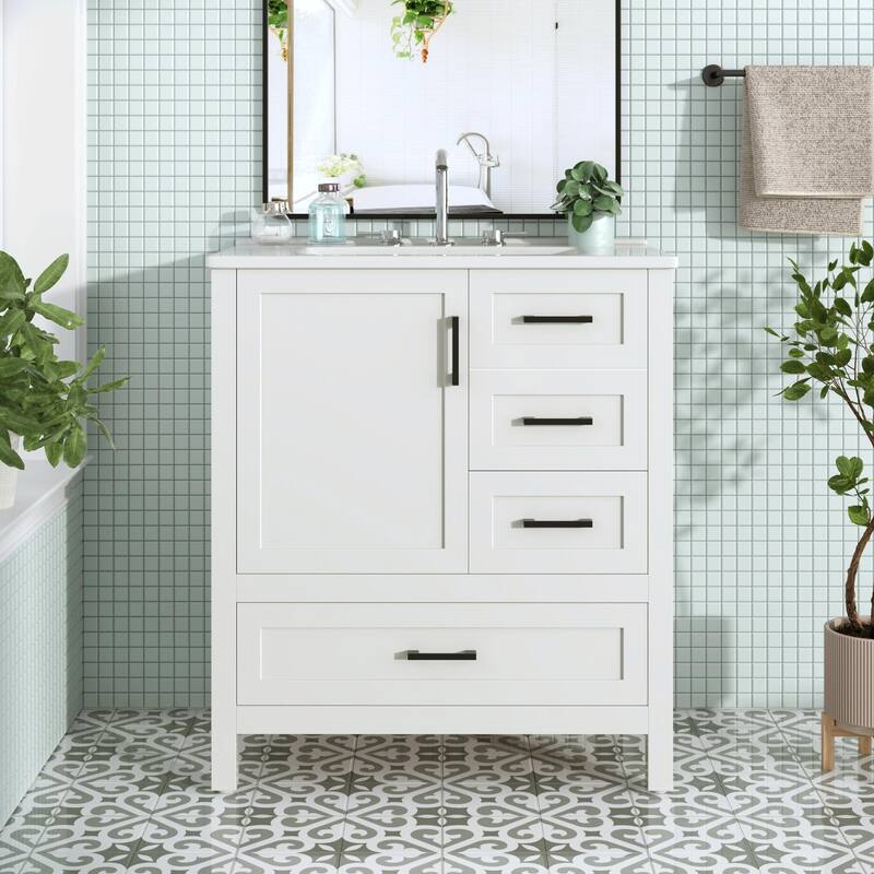 30" Bathroom Vanity with Sink Combo, Storage Cabinet with 3 Soft-Close Drawers and Removable Tray - White