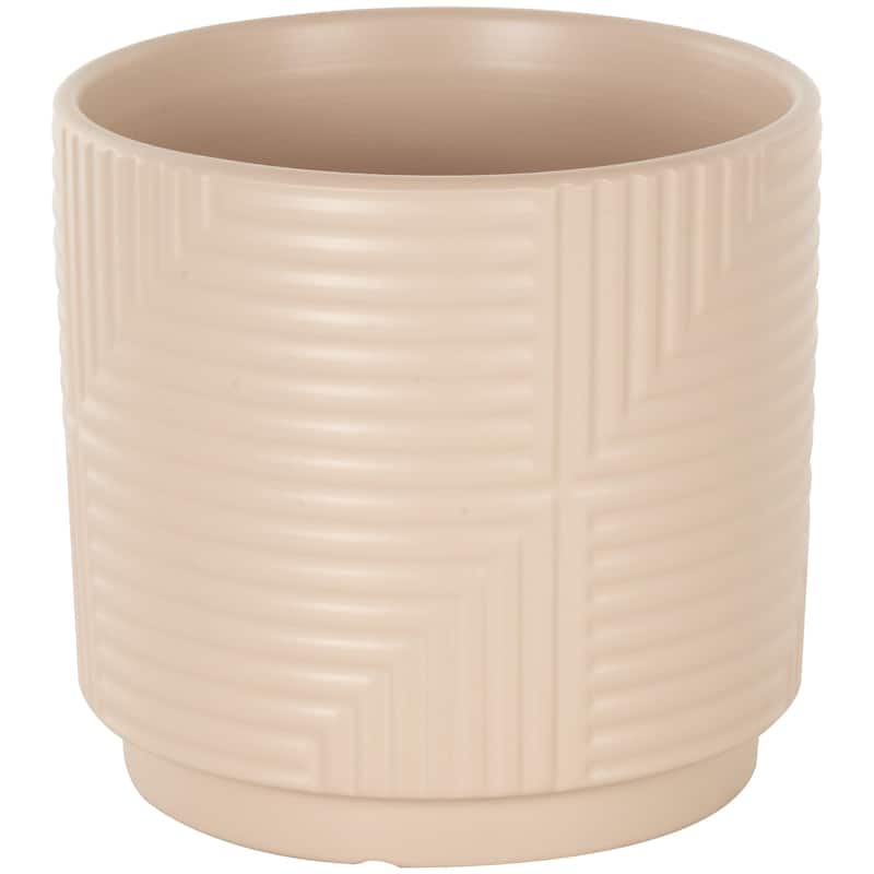 Ceramic Geometric Indoor Outdoor Planter with Layered Square Shaped Grooves - Set of 3 Pink, Cream or Gray - Roche River Decor