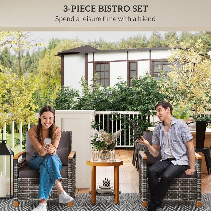 3 Pieces Patio Bistro Set Wooden with Cushions, PE Wicker Patio Furniture Outdoor for Porch, Backyard, Garden