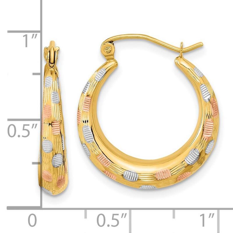 Curata 14k Yellow Gold White and Rose Rhodium Satin And Sparkle Cut Hoop Earrings 22.63x20.55mm