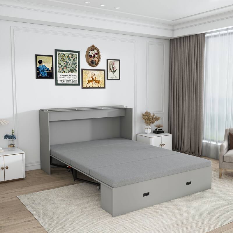 57" Murphy Bed with Storage Drawers & Charging Cabinet - Folding, Wheeled & Noise-Free for Guest Room, Living Room, Office