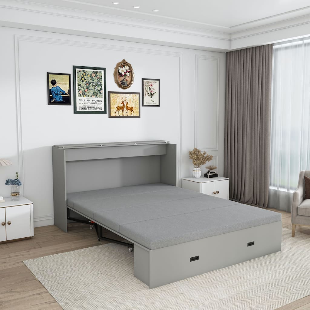 Hidden Folding Murphy Bed with Storage Drawers/Charging Station/Foldable Mattress/Full Size Mobile Cabinet Bed Frame/Noise-free