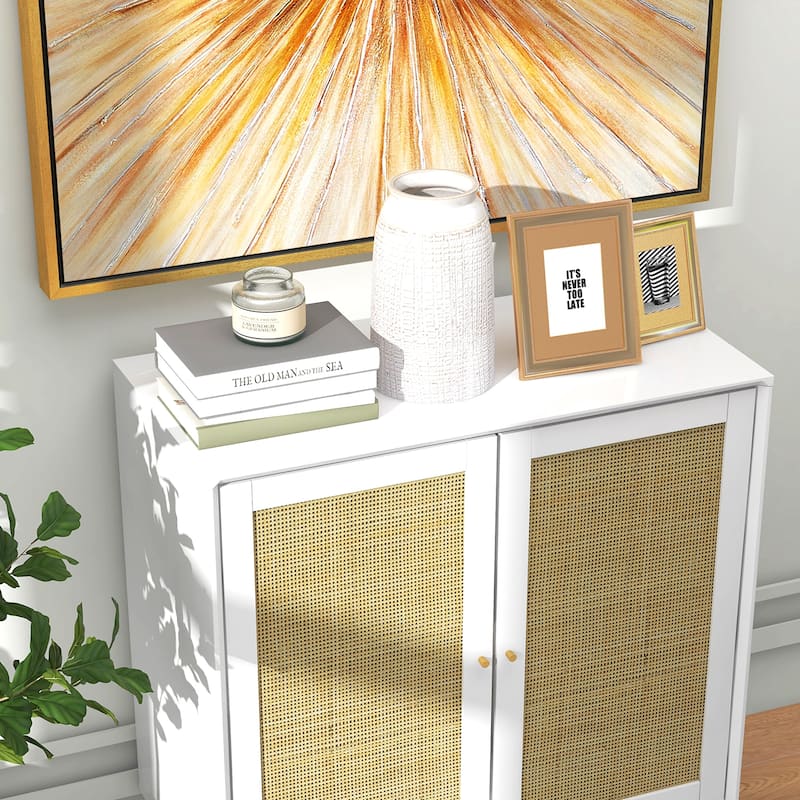 HOMCOM Boho Storage Cabinet, Kitchen Cabinet with 2 Rattan Doors and Adjustable Shelf for Living Room, Hallway, White