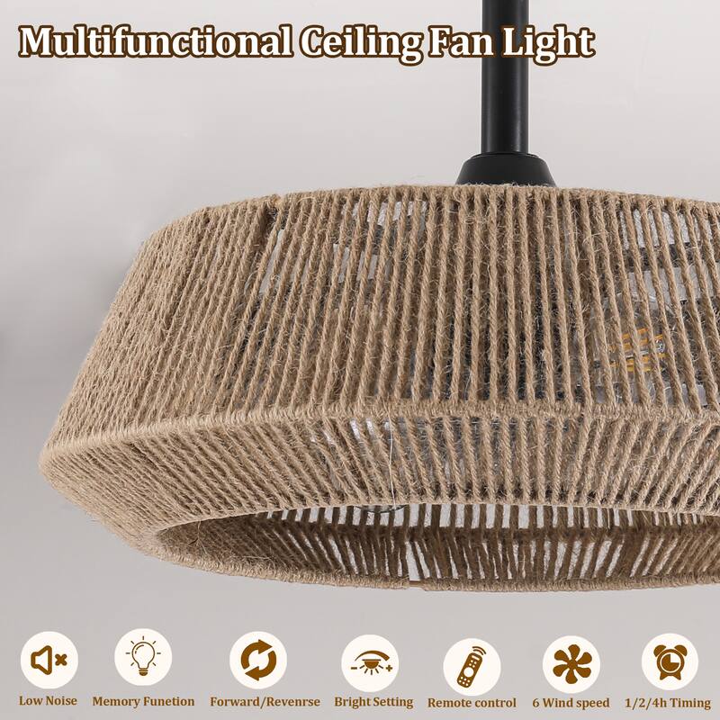20" Boho Rope Black Caged Ceiling Fan with Dimmable Light and Remote