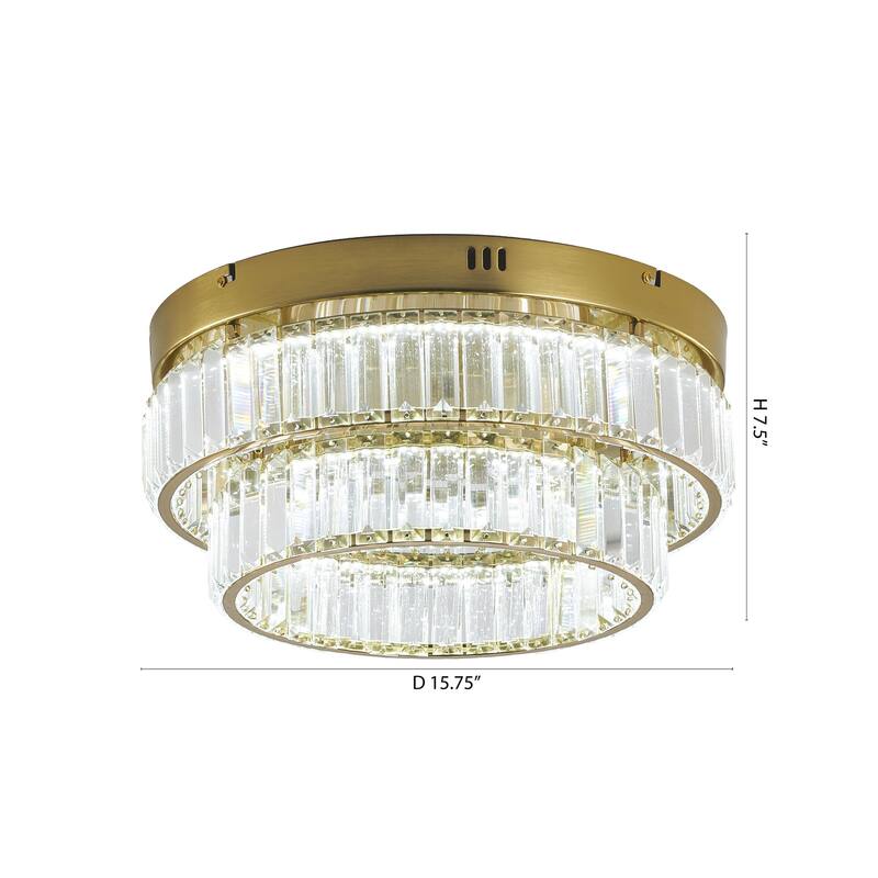 2-Light Brass Dimmable LED Flush Mount With Clear Crystals