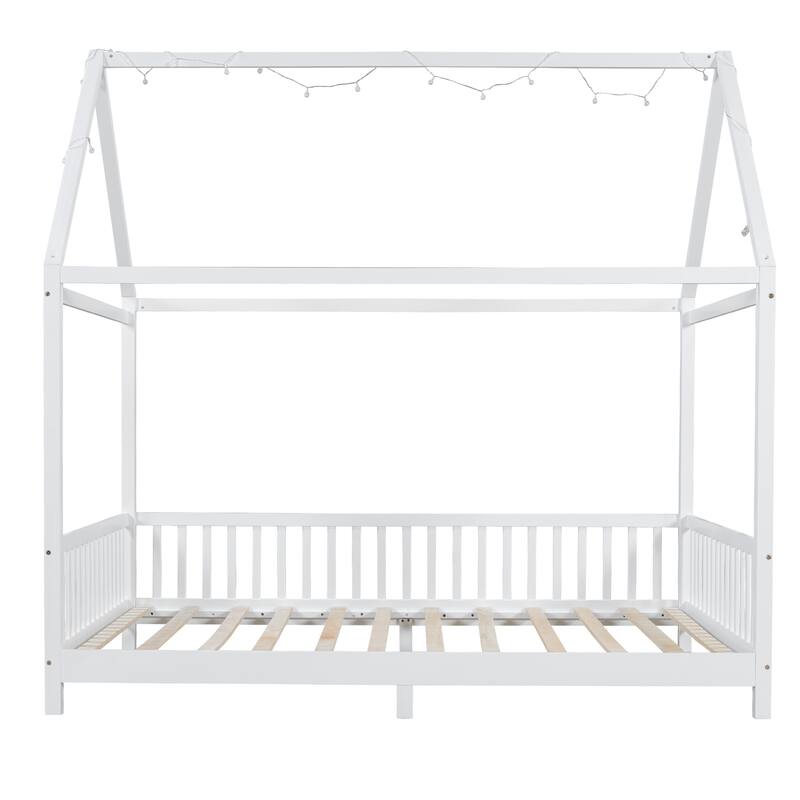 House-Shaped Wood Bed with LED Lights, Twin/Full Size, White - Includes Guardrail