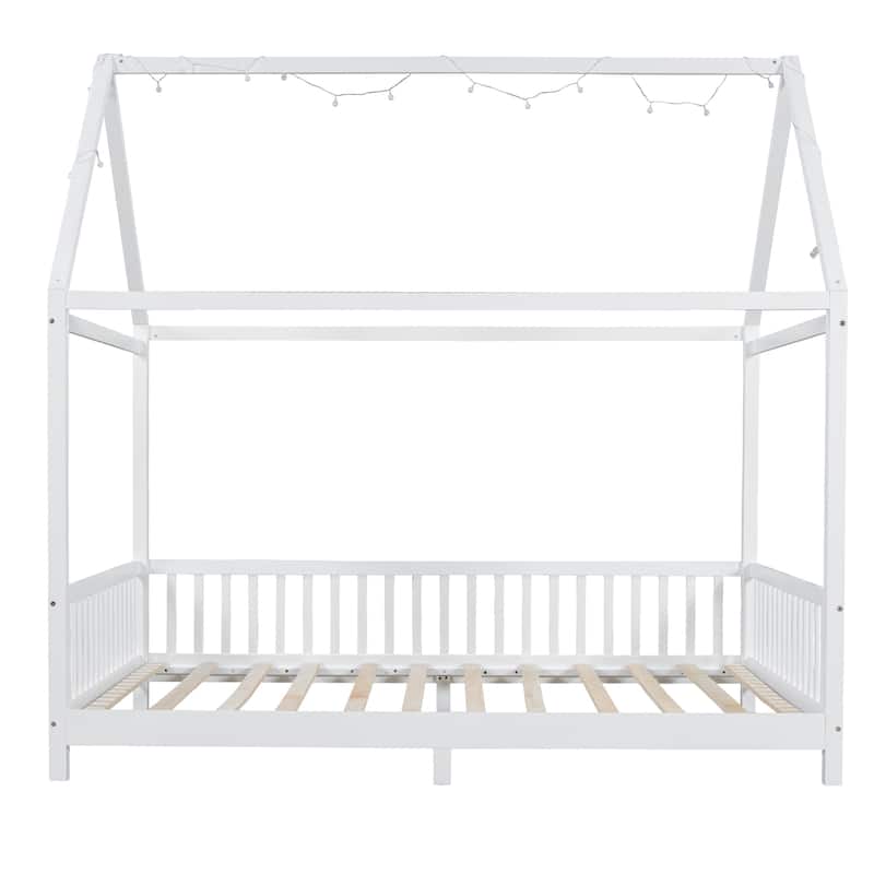 Solid Wood House Bed with Guardrail, LED, and Roof