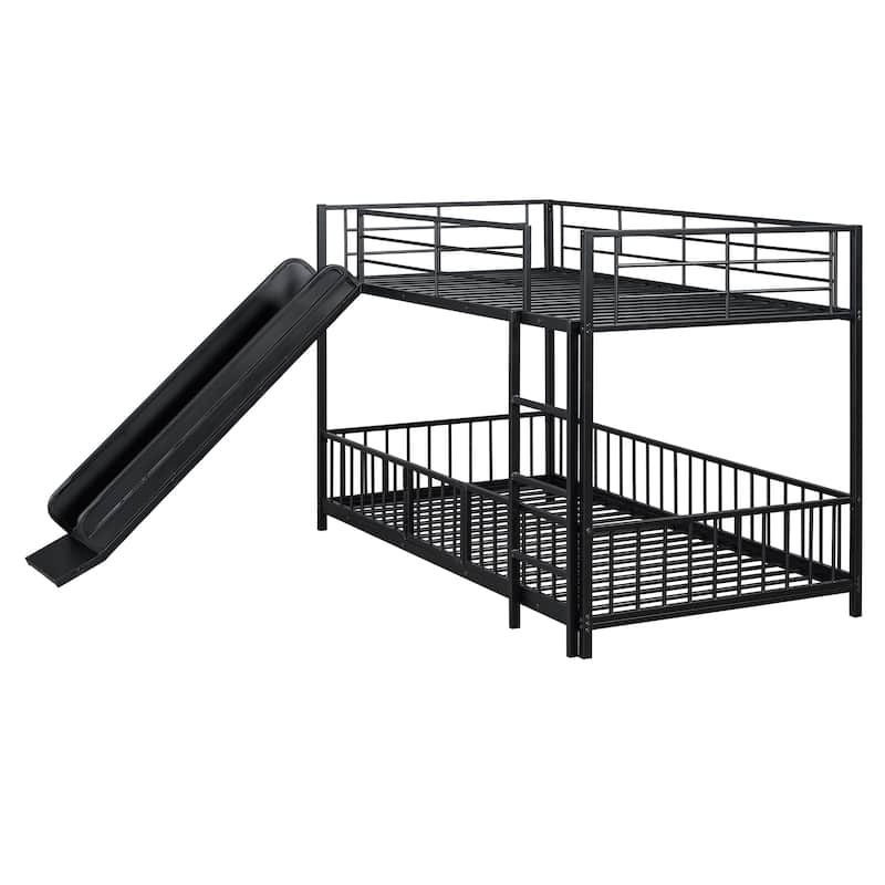 Twin over Twin Metal Bunk Bed with Slide, Guardrails, and Convertible Loft Design, Black